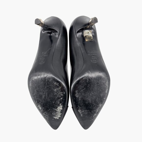 Chanel Cap Toe CC Kitten Pumps EU 38.5 US 7.5-8 Black Leather Pointed Low Heel - Picture 13 of 15